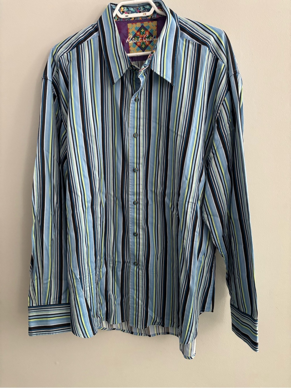 Robert Graham Men's Striped Dress Shirt Blue Lime Green Cross Stitch 3XL Luxury